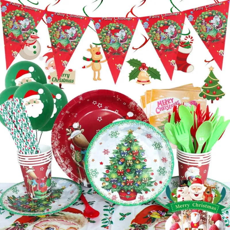 Vaisselle jetable à thème de fête de noël, fournitures de Table, couteau, fourchette, cuillère, tasse en papier, décoration de l'année du père noël et des élans