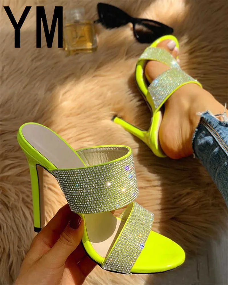 Gladiator Slip-On Frau Pumps Slides Sexy Gelbe Kristall Sandalen Frauen Sommer Stiletto Ferse Schuhe Plus Größe 36-41 Y0721