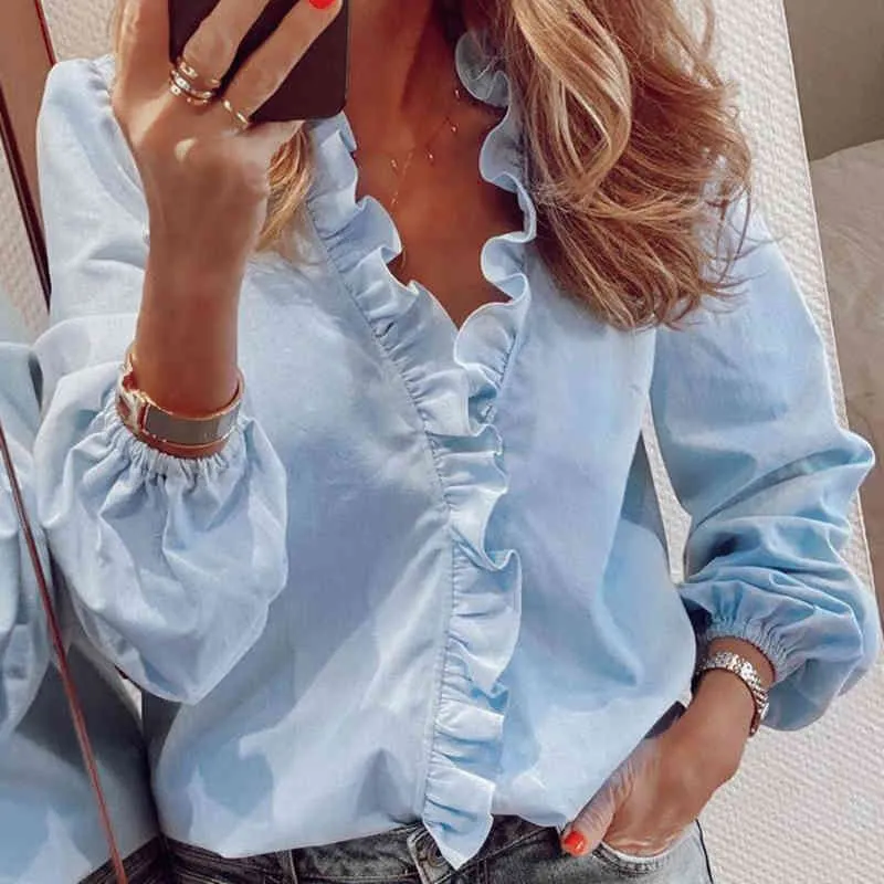 Kobiety Koszula Sexy Ruffles V Neck Długie Rękawy Biurowe Damskie Streetwear Bluzki Solidne Kolor Kobiet Bluzki X0521