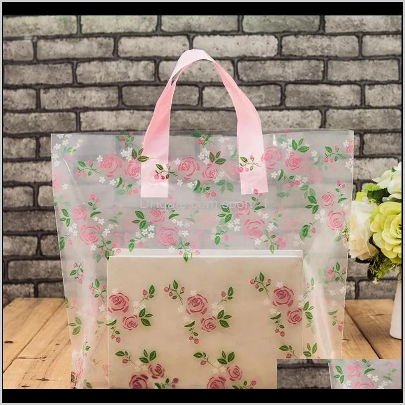 Bolsas de portador de compras de plástico transparente embrulhando com alça embalagem boutique de boutique floral impressão grande grande 5 tamanhos lz1177 bmz5j qatd0