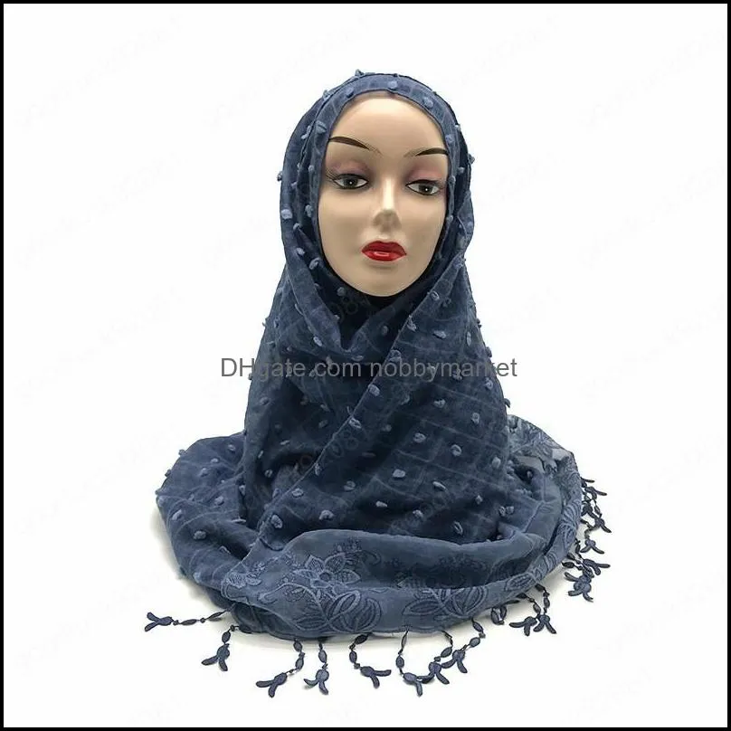 Flocked Bubble Cotton Scarf Hijabs for Muslim Women Solid Color Breathable Islamic Headscarf Arab Head Scarves 200*80CM