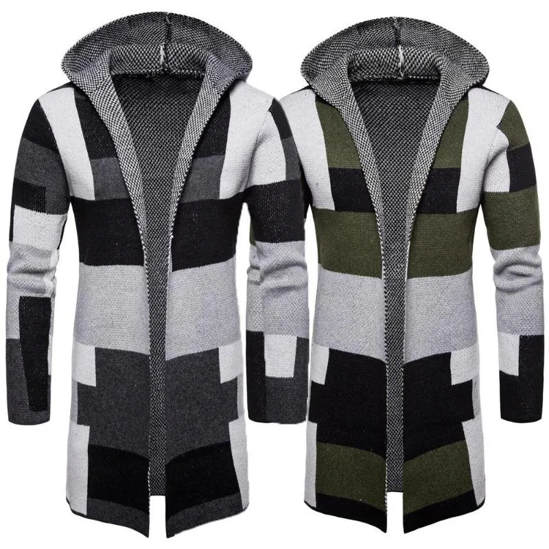 Men's Jackets Hooded Knit Cardigan Sweater Coat Long Sleeve Color Blocks Overcoat For Men Fashion