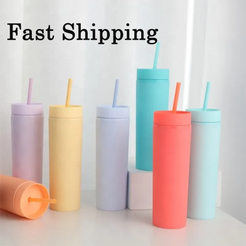 18 Colors Acrylic Skinny Tumbler 16oz Matte Straight Tumblers Double Wall AS Plastic Slim Juice Cup with Seal Lid