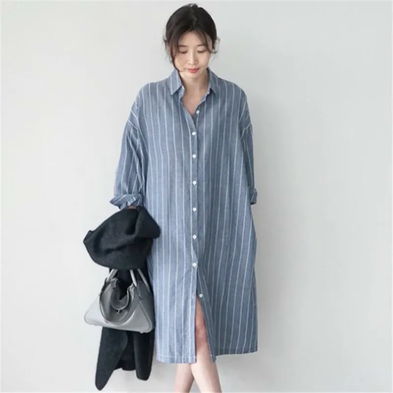 Mulheres listradas longas camisa longa primavera outono moda feminino batwing manga vintage utilitário vestido casual envoltório 210423