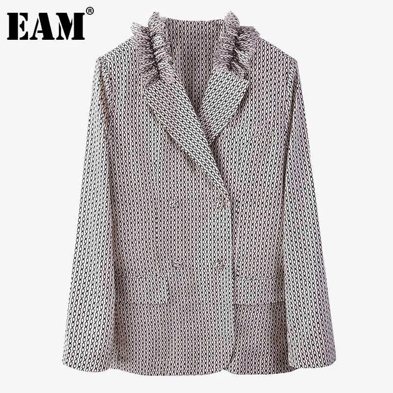 [EAM] Donna Stampa Ruffles Blazer doppiopetto di grandi dimensioni Giacca a maniche lunghe con intaglio Moda Primavera Autunno 1DD6940 21512