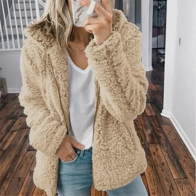 Kvinnors Jackor Kvinnor Höst Vinter Casual Soft Hooded Fleece Plush Warm Female Coat Faux Fur Zip Up Sweatshirts Dam Toppar 2021