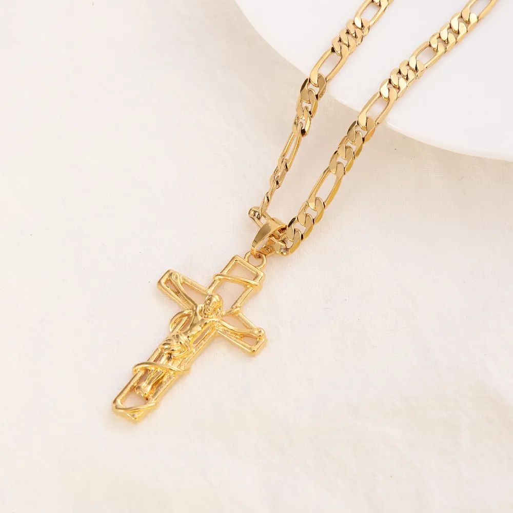 24 k Solid Fine Yellow Gold GF Mens Jesus Crucifix Cross Pendant Frame 3mm Italian Figaro Link Chain Necklace 60cm262O