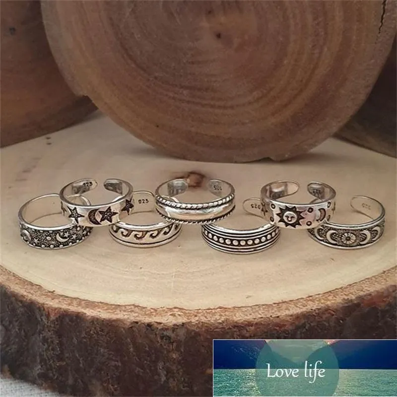 7Pcs/set Vintage Adjustable Opening Finger Ring Retro Hollow Carved Star Moon Toe Rings Kits Bohemian Beach Foot Rings Jewelry