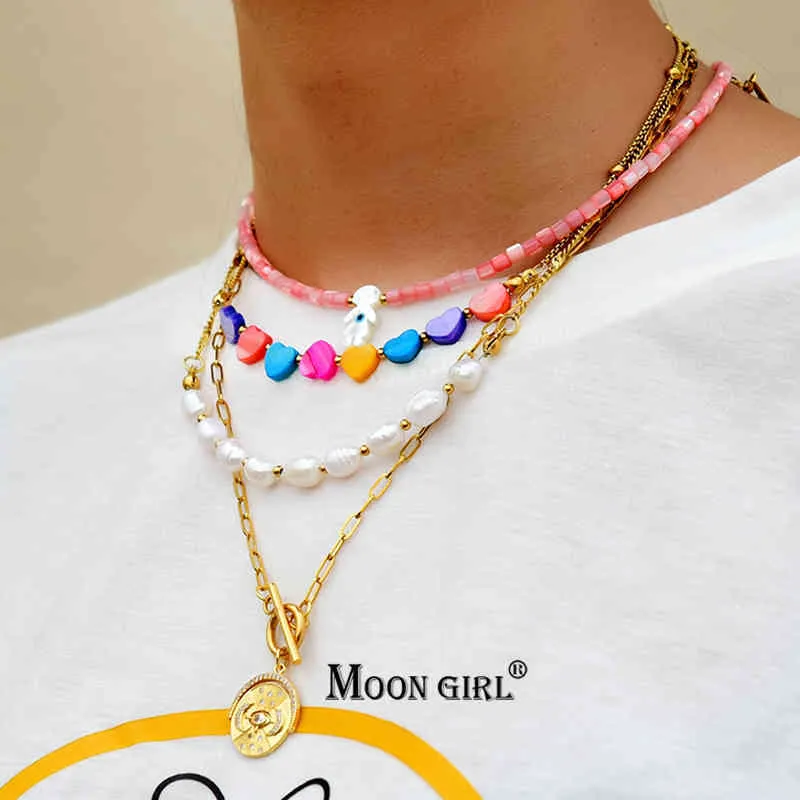 Goud Rvs Cubaanse Link Chain Choker Kralen Hart Parels Shell Moon Evil Eye Fashion Cross Hanger Ketting voor Vrouwen