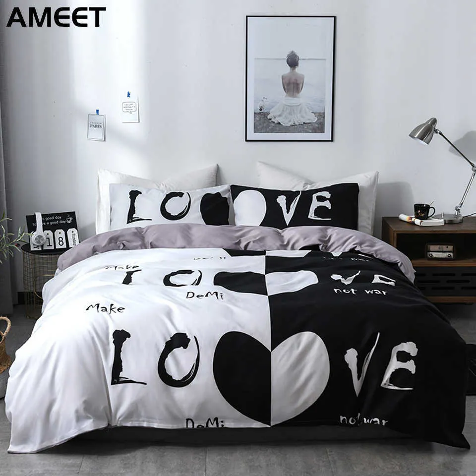 Hennes sida hans sida sängkläder sätta par täcke romantisk duvet täckning lyx säng linne vit svart sexig sängkläder modern sovrum set 210706