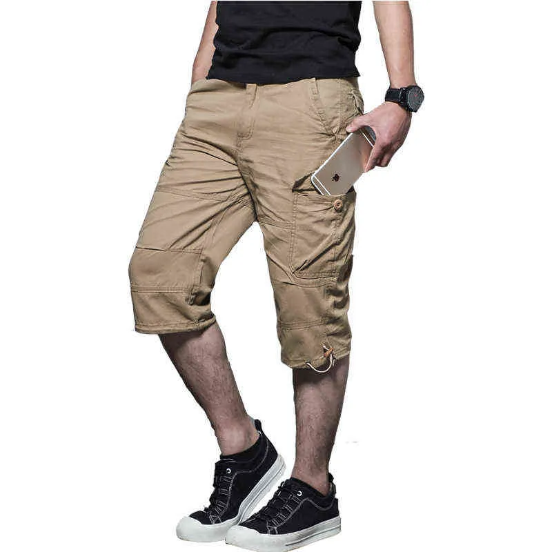 Sommar lång längd last shorts män knä multi ficka avslappnad bomull elastisk midja bermudas manlig militär stil varmbyxor h1210