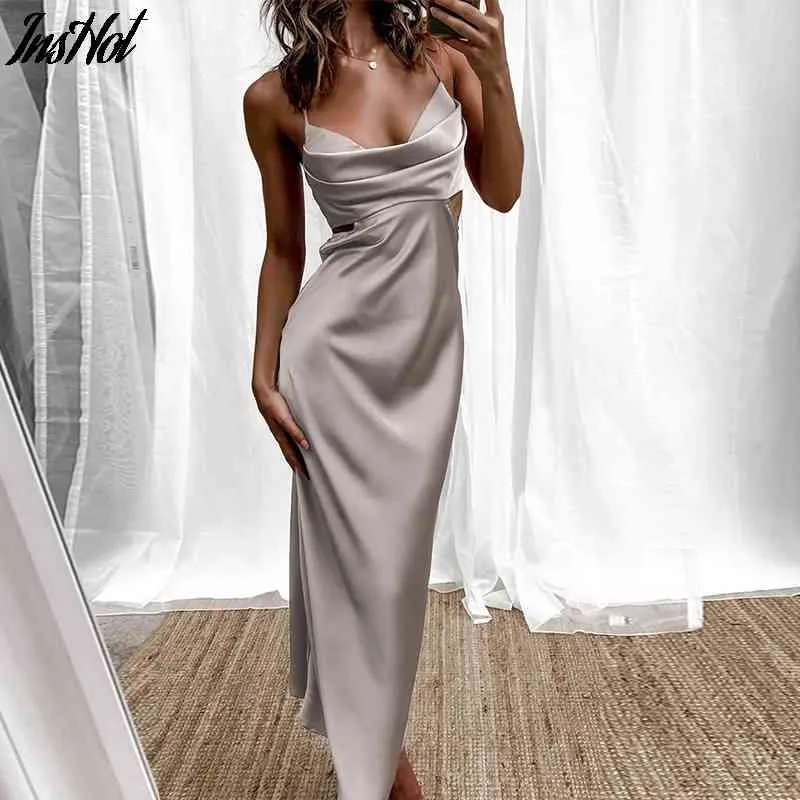 여자 여름 긴 슬립 드레스 새틴 민소매 스파게티 스트랩 섹시한 백리스 A 라인 여성 드레스 파티 Vestidos 210514