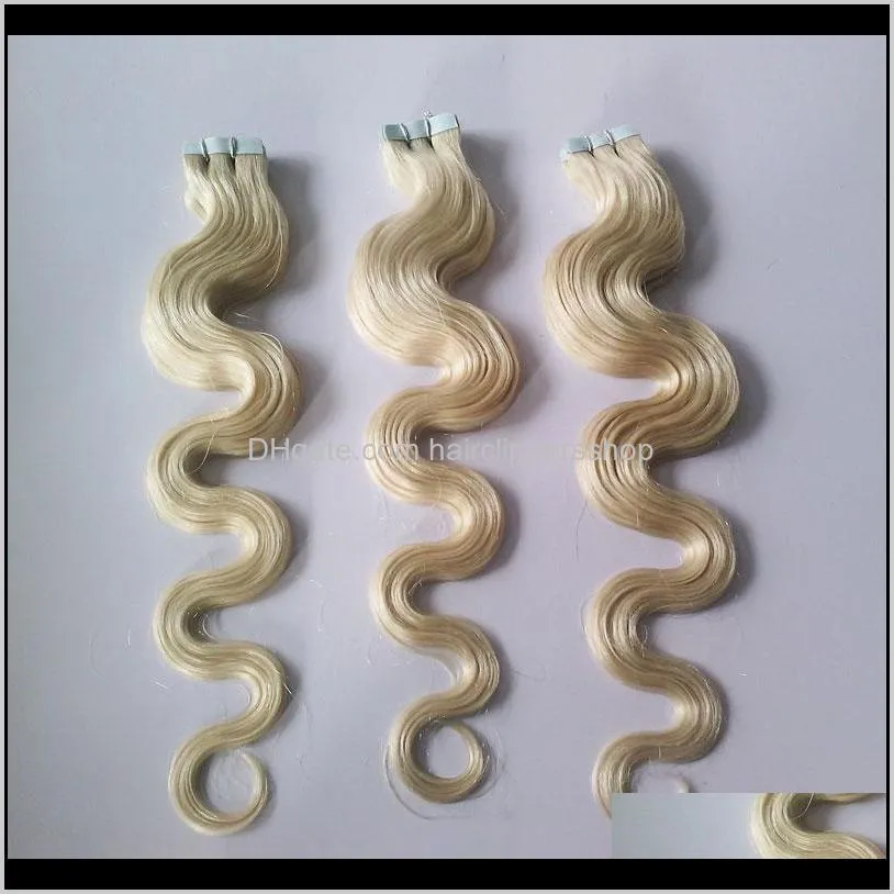 skin weft remy hair pu weft body wave tape human hair extensions #613 bleach blonde brazilian body wave hair 14-26 inch, 