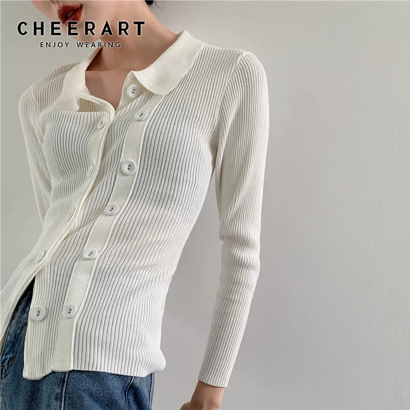 White Cardigan Sweater Women BodyCon a doppio petto a maglia con colletto in maglia in maglia Top Autunno Inverno 210427