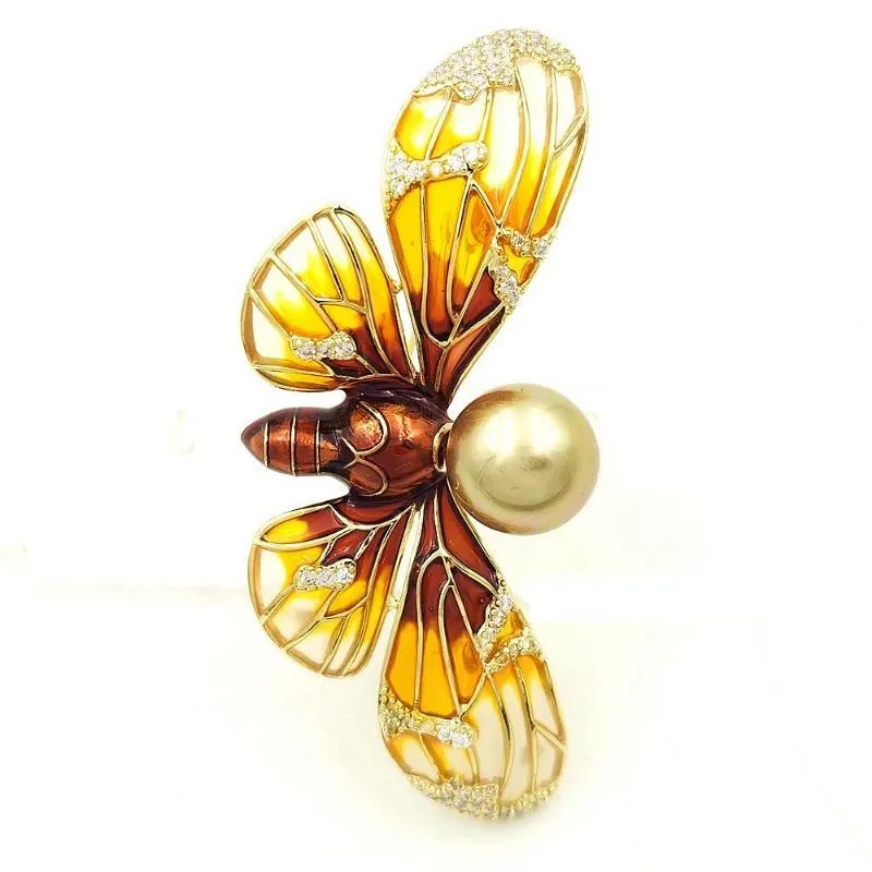 Pins, broscher Designer Vintage Orange Enamel Butterfly Brosch Gold Tone Clear CZ Imitated Pearl Deco Brown Body Pins Scarf Tillbehör