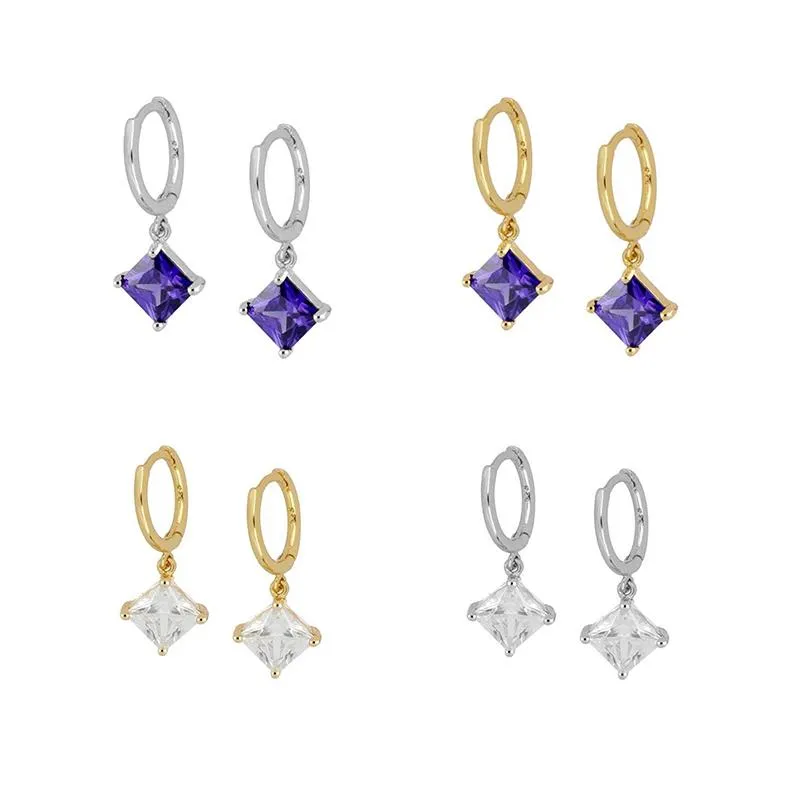 Hoop & Huggie 925 Sterling Silver Ear Buckle Small Square Crystal Diamond Pendant Women Zircon Earrings Fashion Jewelry Gifts For Friends