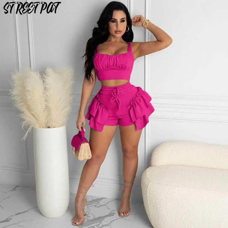 Ruffles Halter Crop Top + Pantaloncini Set di due pezzi Set da donna Party Club Abiti 2021 Vacanze Abiti estivi Femmer Streetwear Y0702