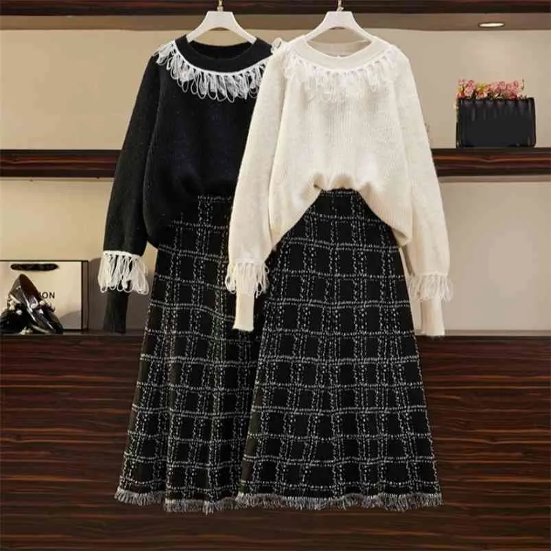Plus Size Damen Herbst- und Winterkleidung Fat Sister Loose Knit Sweater Rock Zweiteiliger Anzug HK064 210507