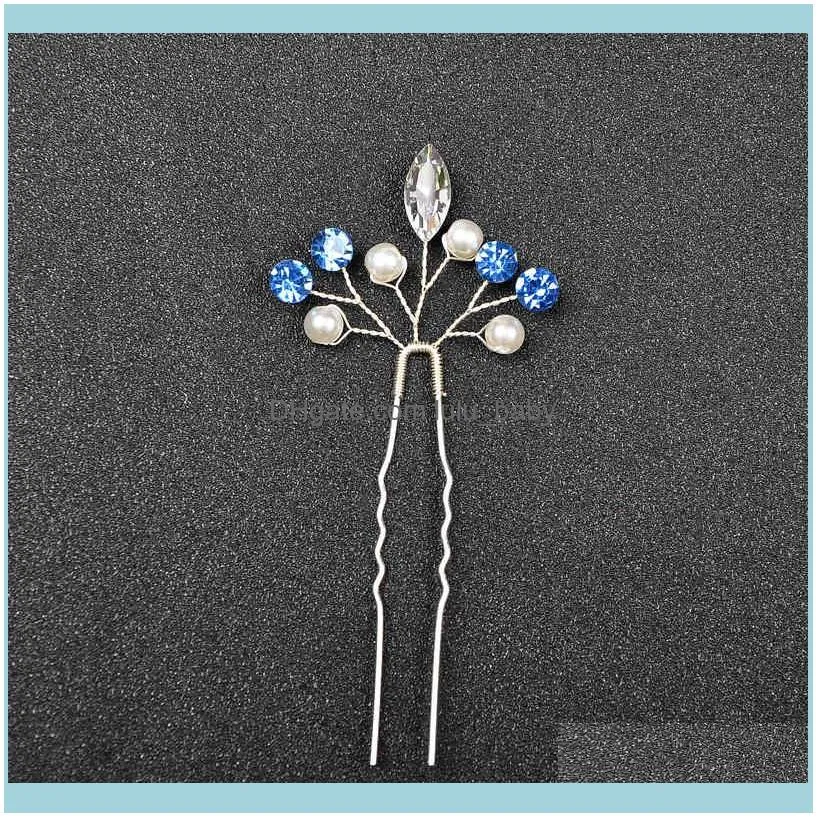 Headbands Jewelry4Pcs Sier Color Blue Rhinestone Women Sticks Wedding Jewelry Aessories Pearl Bridal Handmade Shiny Hair Ornament Drop Deliv