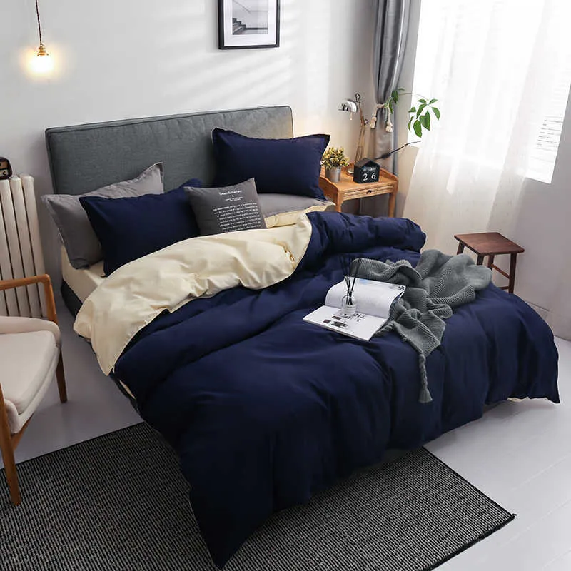 Hiver bleu foncé beige double couleur ensemble de literie lit drap plat housse de couette taie d'oreiller reine complet simple 210706