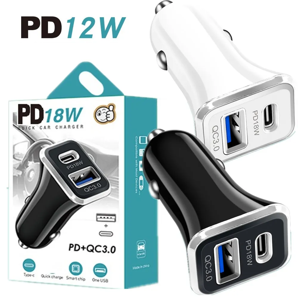 12W 2.4A High Speed ​​Car Chargers Daul Ports PD USB C Car Charger Power Adapters för iPhone 11 12 13 14 15 Samsung Xiaomi Android Phone GPS PC