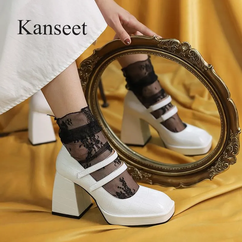 Jurk Schoenen Kanset Dikke Hoge Hakken Platform 2021 Herfst Dames Pumps Lederen Party Office Dames Zwart Vrouwelijk Schoeisel