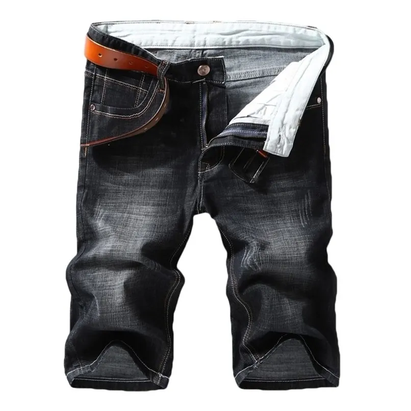 Mannen denim shorts zomer stijl dunne sectie elastische kracht slim fit korte jeans mannelijke merk kleding zwart blauw 210806