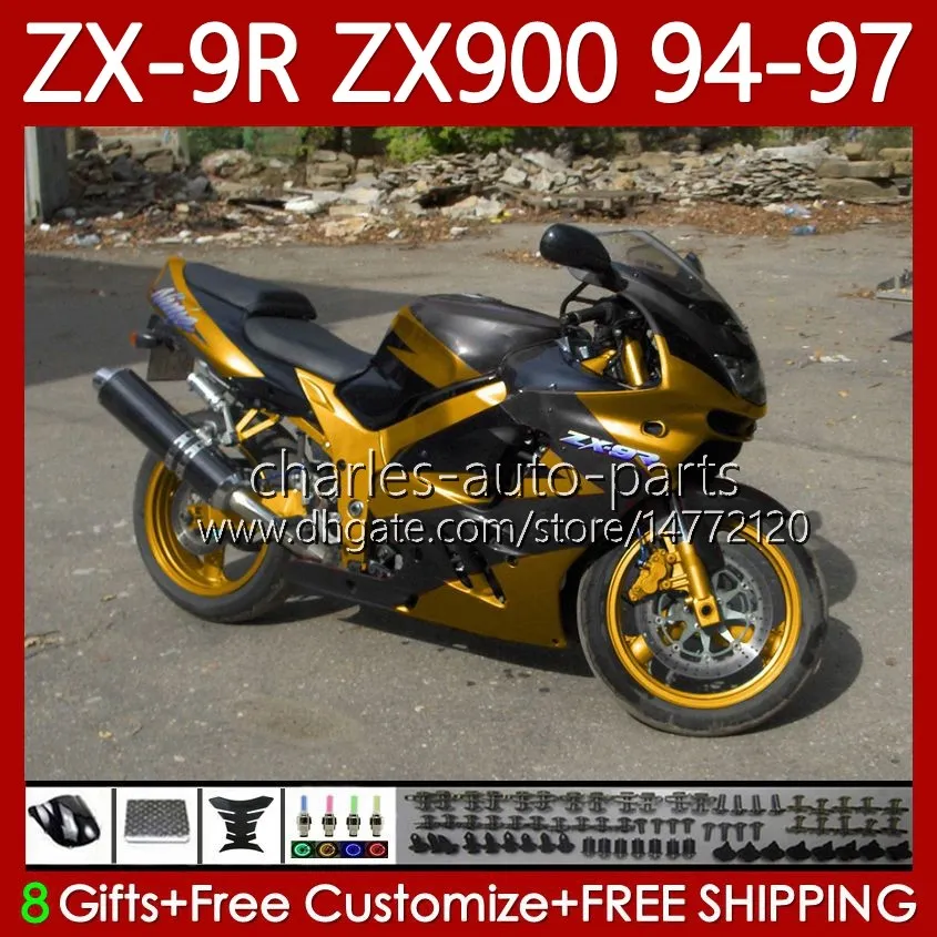 Kawasaki 닌자 ZX-9R ZX900 ZX 9R 9R 900 CC 1994-1997 Bodys 100no.95 zx9 r 900cc zx-900 zx9r 94 95 96 97 zx900c 1994 1995 1996 1997 OEM 페어링 황금 검정