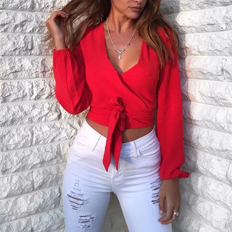 Moda Sexy mujer camisa blusa sólida señoras manga larga cintura corbata Cruz cuello en V camisa arco Sexy espalda abierta Tops negro rojo blanco X0521