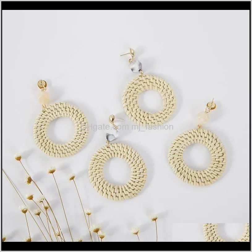 hand-woven wood rattan weaving earrings 2018 new round stone ear stud korean exotic national style earrings m