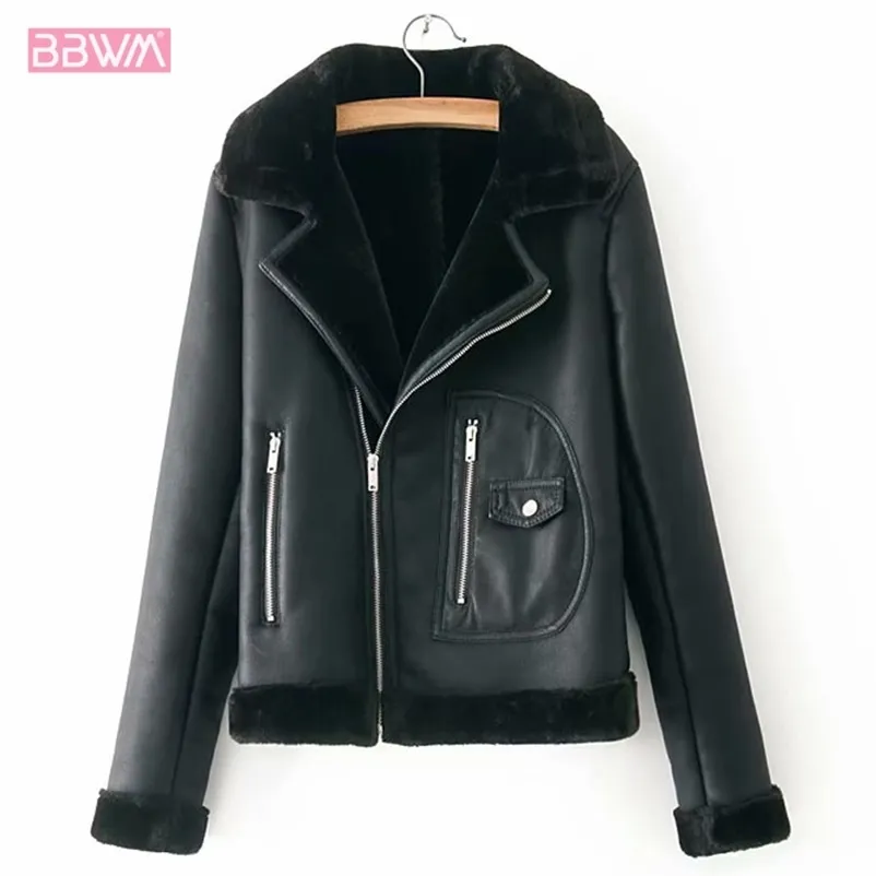 PU暖かい毛皮長袖ラペル厚いオートバイの女性のジャケット冬のベルトシックジッパーブラック女性コートグリーントップ210507