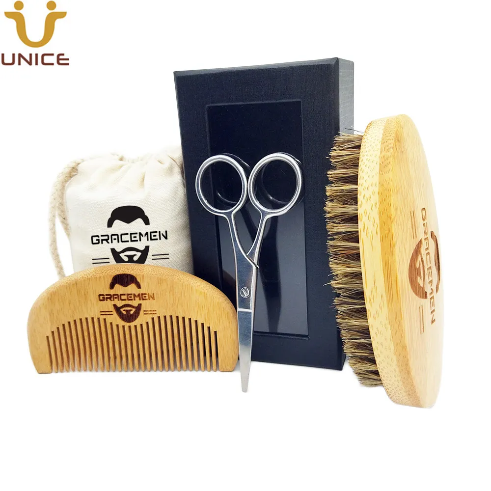 فرشاة بيرد الشعر ومشط مجموعة MOQ 100 SETS OEM تخصيص شعار Bamboo Beards Kit مع مقص تقليم في صندوق حقيبة مخصصة CHIOCE's CHIOCE 7 سنوات