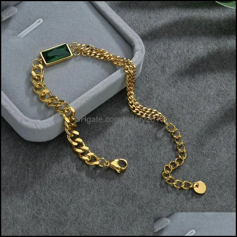 Green Stone Titanium Stainless Steel Punk Thick Crystal Bracelet Simple Gold Silver Color Chunky For Women Jewelry Link, Chain