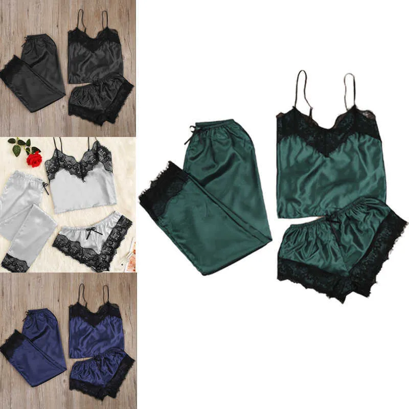 3pcs/set Women Lace Sleepwear Satin Pyjamas Set Homewear Nightwear Female Outfits