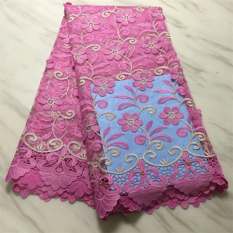 5 yards / partij Mooie roze Franse net kant stof bloem borduurwerk match kristal Afrikaanse mesh stijl voor dressing pl31419