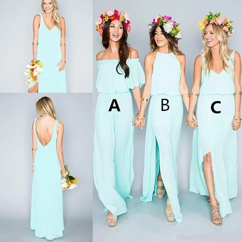 2021 Boho Beach Bridesmaid Klänningar En Linje Av Axel Golvlängd Chiffon Side Split Brudtärna Klänningar Anpassad Plus Storlek