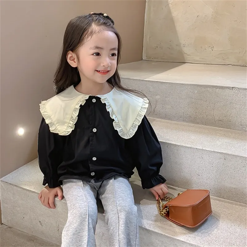 big turn down collar shirts girls Spring autumn puff sleeve shirt loose cotton blouses fashion 20220303 Q2