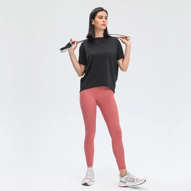 L-22 naakt yoga korte mouw vrouwen tops losse solide kleur veelzijdige voorste zoom geplooide casual gym sportpak shirt