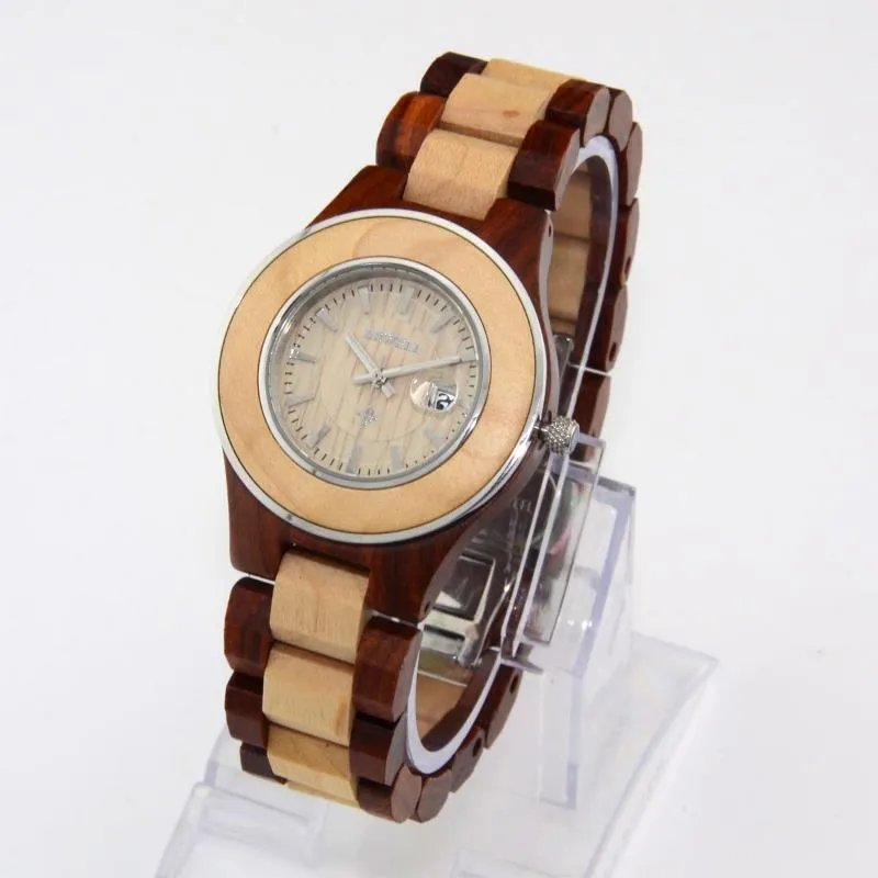 Wristwatches Natural Wooden Watches Stainless Steel Ring Sandalwood Calendar Lady Women Quartz Wrist Watch