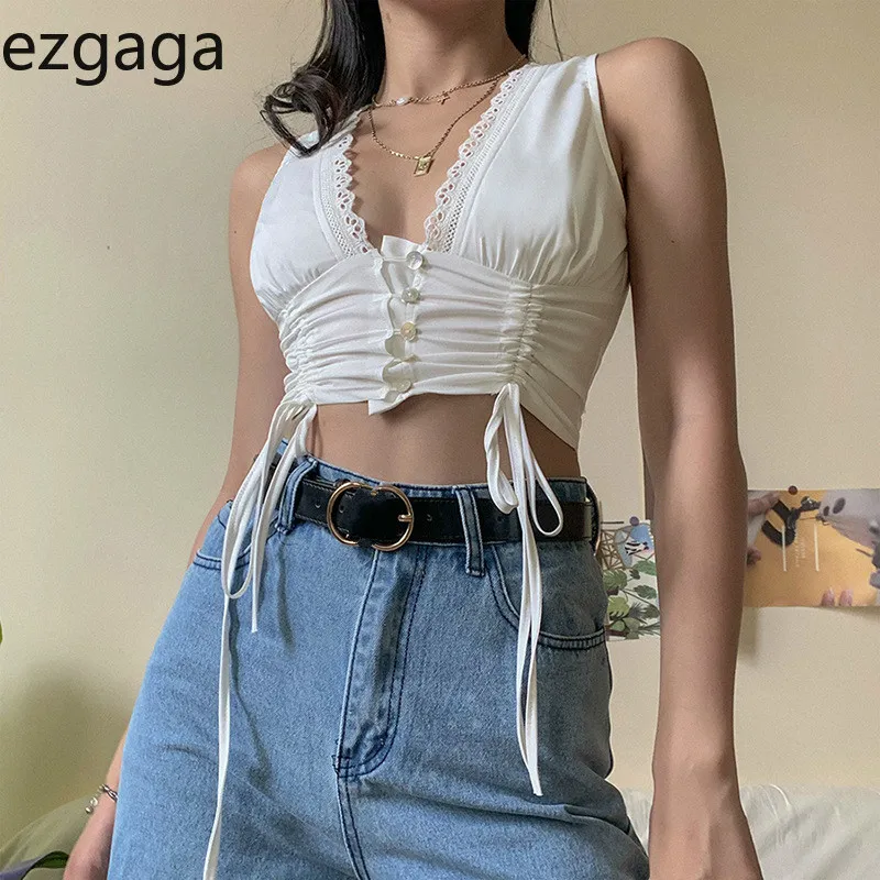 Ezgaga Casual Crop Top Donna con scollo a V Laciness Nappa Pura estetica Canotta femminile Elegante senza maniche Sexy Canotta Slim Fashion 210430