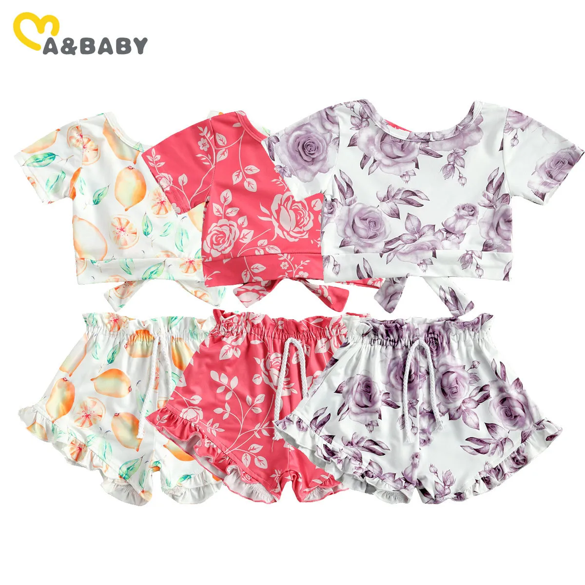 1-5Y Summer Toddler Kid Baby Girl Clothes Set Casual Bow Flower T shirt Top Shorts Bambini Abiti Costumi 210515