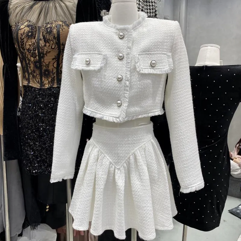 Vintage Tweed Two Piece Set With Crop Top, Woolen Short Dress 