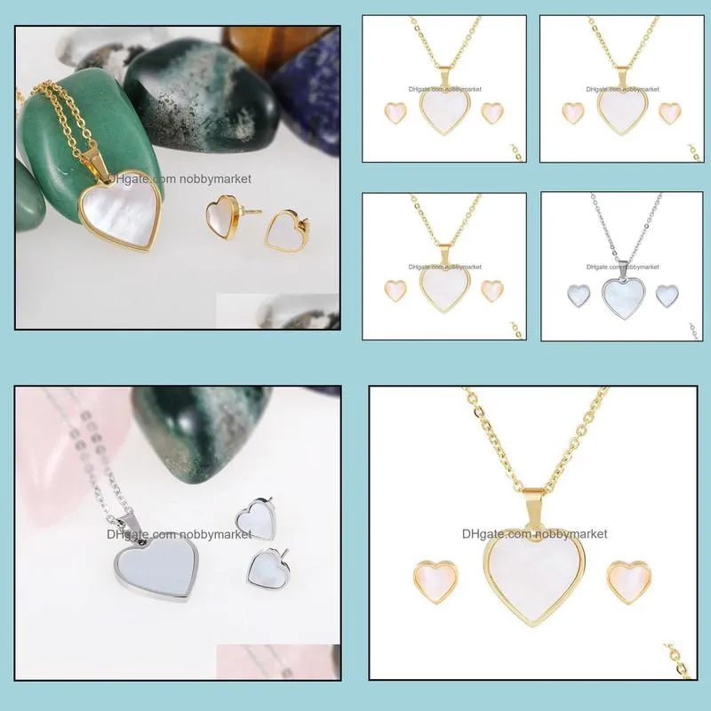 Earrings & Necklace Women Stainless Steel Dubai Gold Silver Color Shell Love Heart Pendant Jewelry Set Fashion Accessory