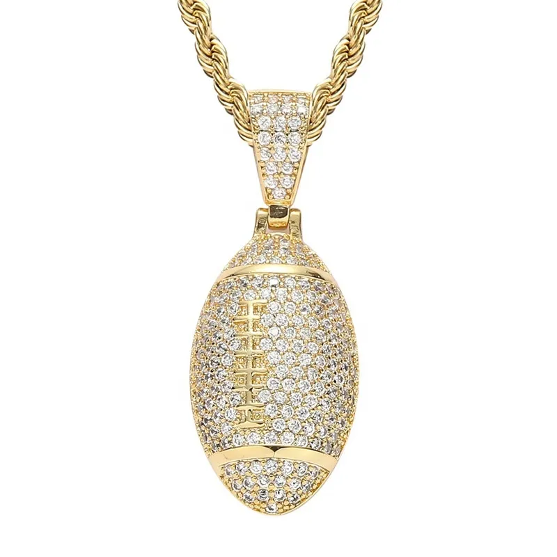 Fashion Sports Seri Rugby Football Pendant Necklace Iced Out Zirconia Sier Gold Plated Jewelry Hip Hop Rap Chain Necklac