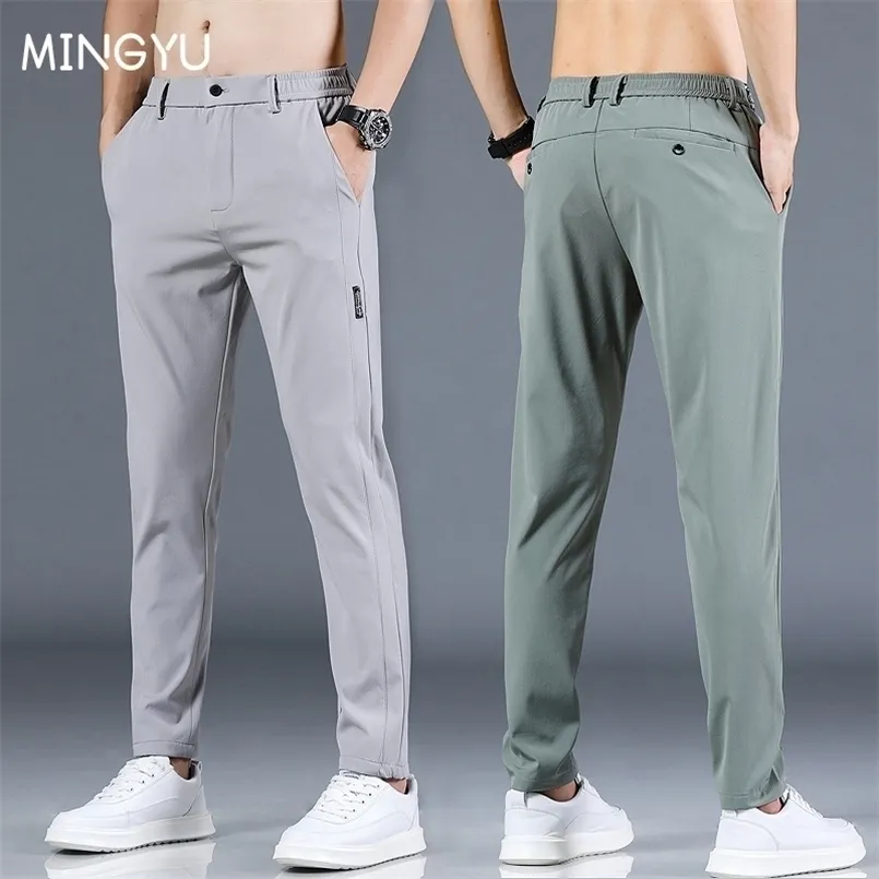 Mingyu zomer heren casual broek mannen broek mannelijke broek slim fit werk elastische taille groen grijs licht dunne koele broek 28-38 220311