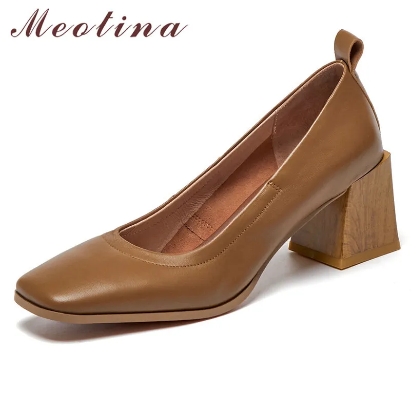 Meotina Real Couro Mulheres Bombas Square Toe Sapatos Raso de Salto Alto Calçados Calçado Feminino Calçados Calçados Calçados Sapatos Primavera Tamanho 41 42 210520