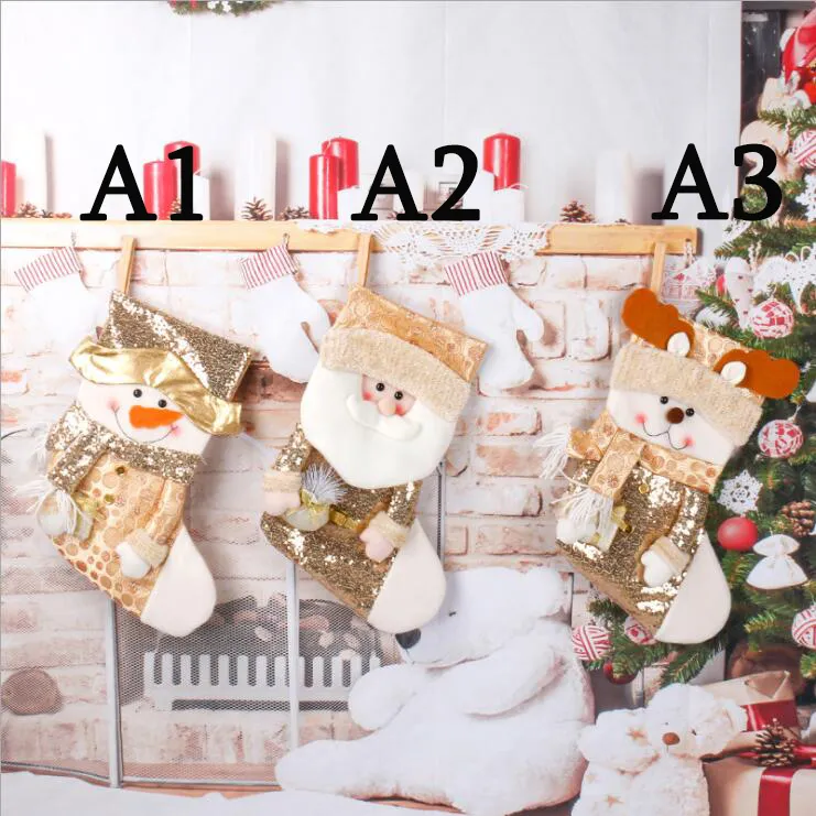 Noel Altın Sequins Stocking Noel Baba Çorap Kardan Adam Boynuzları Dekorasyon Şeker Hediye Çantası