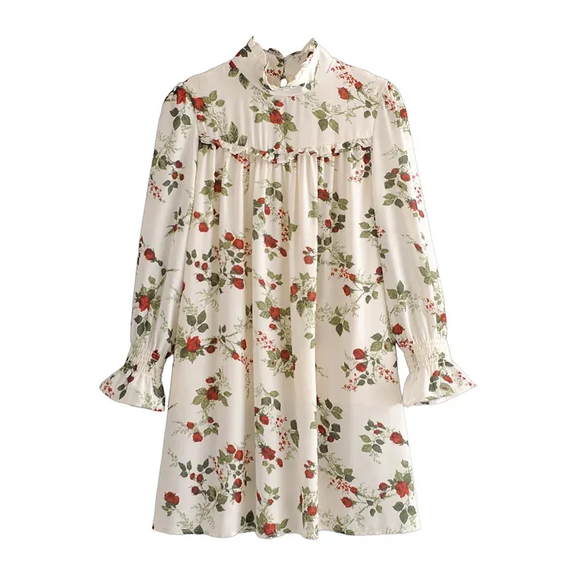 Summer Women French Retro Lotus Leaf Decoration Small Floral Dress Female Elastic Ruffle Sleeves Lined Mini Dresses 210520