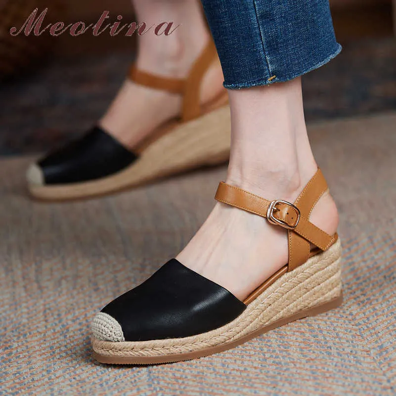 Meotina Shoes Women Real Leather Sandals Wedges High Heel Sandals Espadrille Buckle Shoes Round Toe Ladies Footwear Summer Black 210608