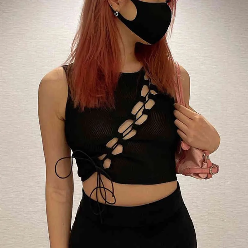 Women Crop Top Tanks Lace Up Cross Ribbed Hollow Out Bodycon Sexy Streetwear Spring Solid Tops Party Club Y2K Clothing 210517